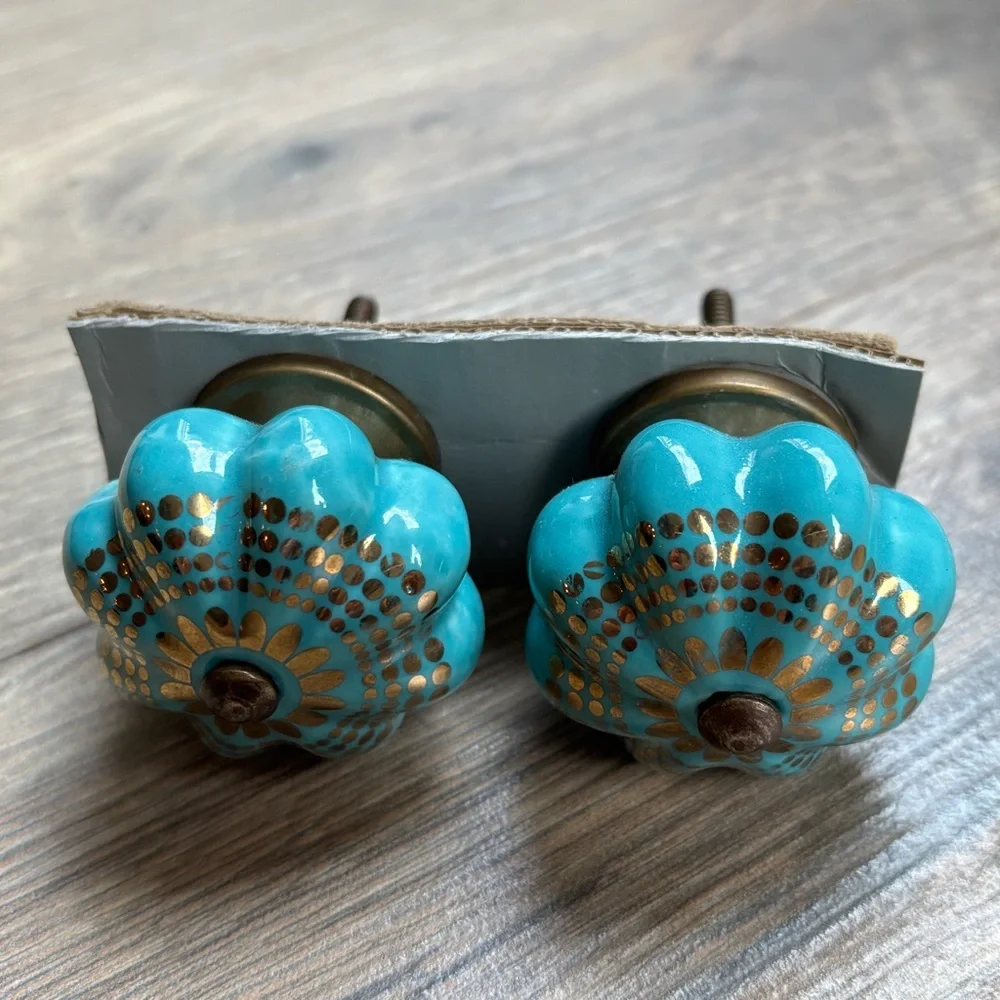 Set of 2 Ceramic Decorative Drawer Pull Knobs Teal Turquoise NEW - Picture 6 of 8